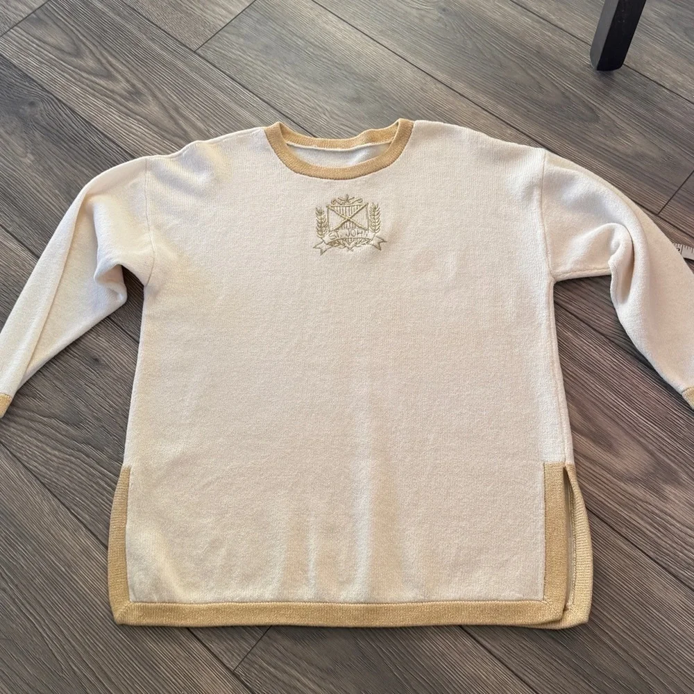 St John medium Santana Knit Sweater Cream Ivory with metallic gold crest